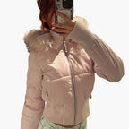 Winterjacke Damen rosa cropped mit Kapuze und Kunstfell - 4 - Atelier-Zofia