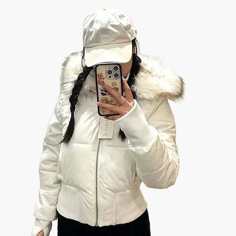 Winterjacke Damen rosa cropped mit Kapuze und Kunstfell - 5 - Atelier-Zofia