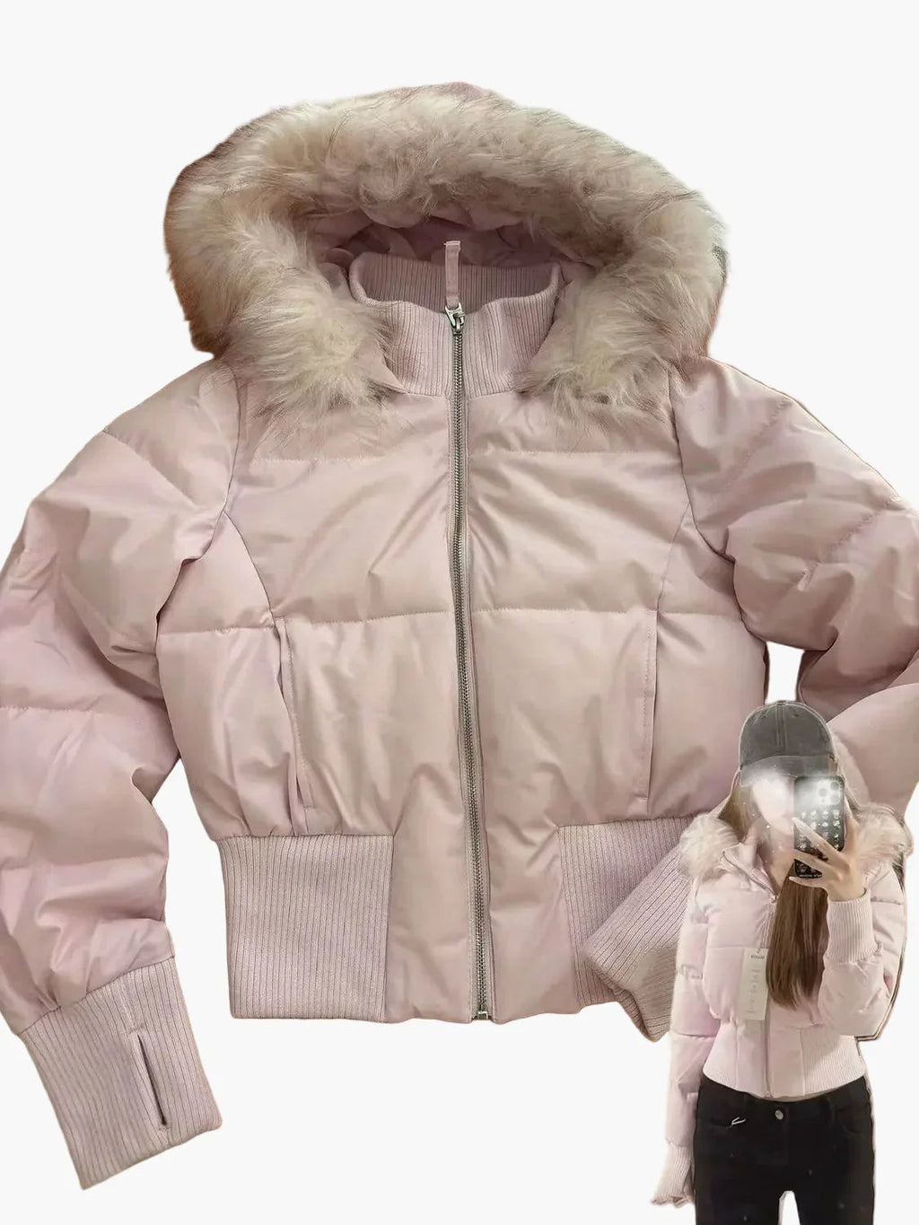 Winterjacke Damen rosa cropped mit Kapuze und Kunstfell - 6 - Atelier-Zofia