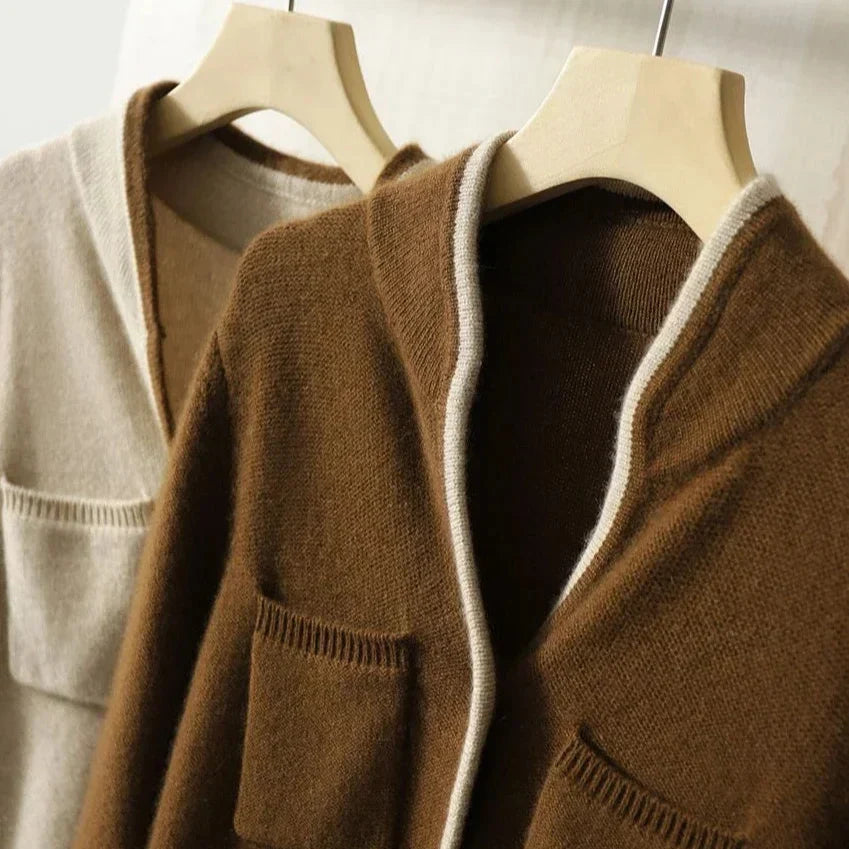 Cardigan Damen braun mit Knopfdesign und Taschen - 10 - Atelier-Zofia
