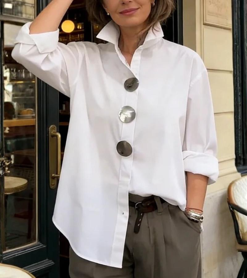 Bluse Damen blau tailliert mit Stehkragen und großen Knöpfen - 2 - Atelier-Zofia