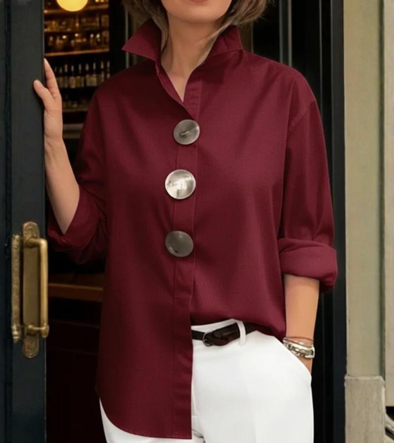 Bluse Damen blau tailliert mit Stehkragen und großen Knöpfen - 3 - Atelier-Zofia