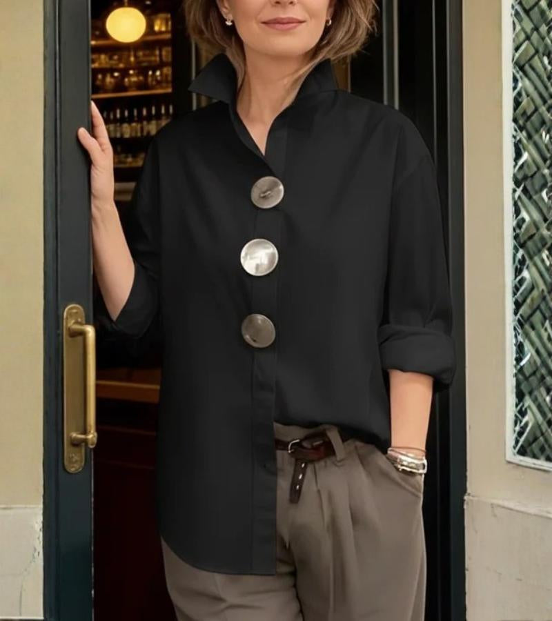 Bluse Damen blau tailliert mit Stehkragen und großen Knöpfen - 4 - Atelier-Zofia