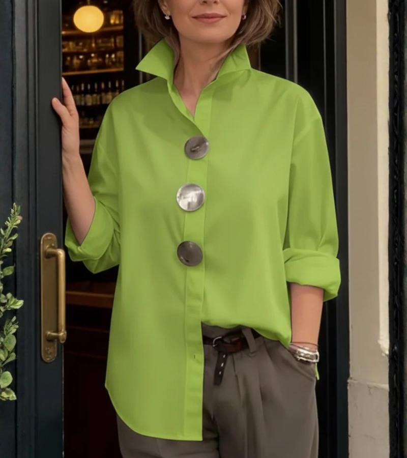 Bluse Damen blau tailliert mit Stehkragen und großen Knöpfen - 5 - Atelier-Zofia