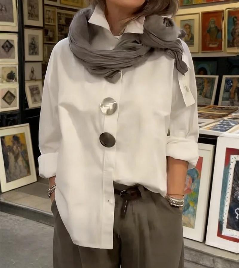 Bluse Damen blau tailliert mit Stehkragen und großen Knöpfen - 7 - Atelier-Zofia