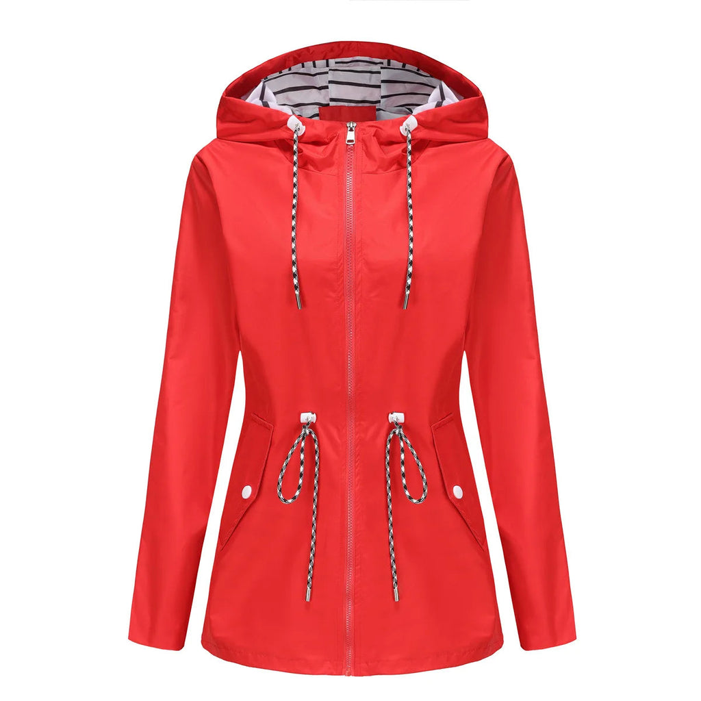 Jacke Damen rot tailliert mit Kapuze und verstellbarem Taillenzug - 10 - Atelier-Zofia