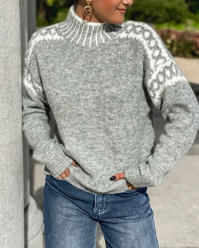Pullover Damen grau mit Stehkragen und Norwegermuster - 1 - Atelier-Zofia
