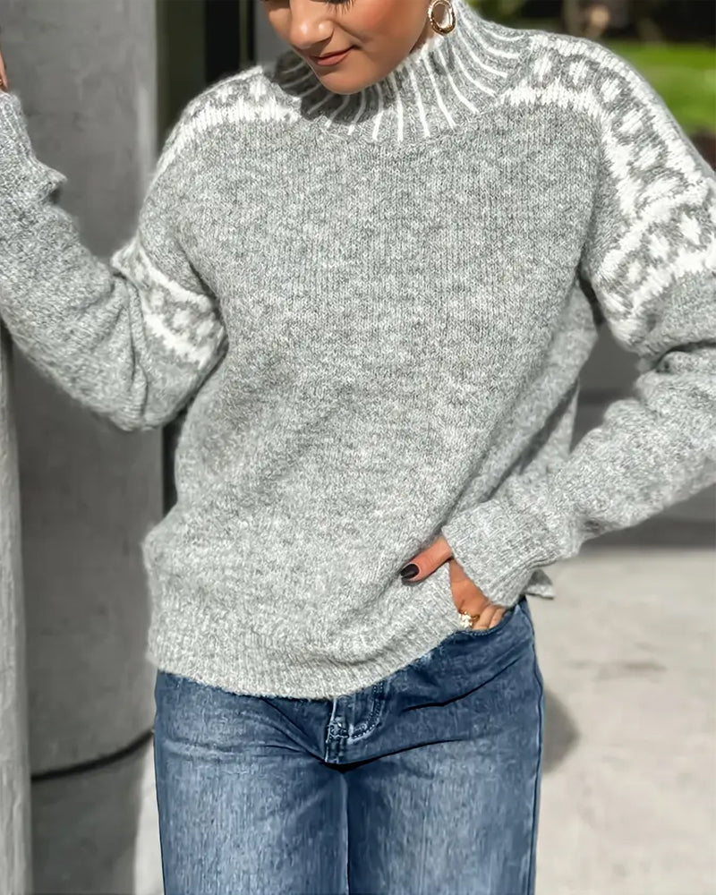 Pullover Damen grau mit Stehkragen und Norwegermuster - 3 - Atelier-Zofia
