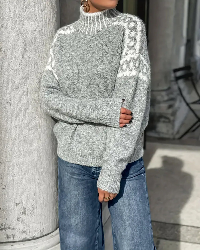 Pullover Damen grau mit Stehkragen und Norwegermuster - 5 - Atelier-Zofia