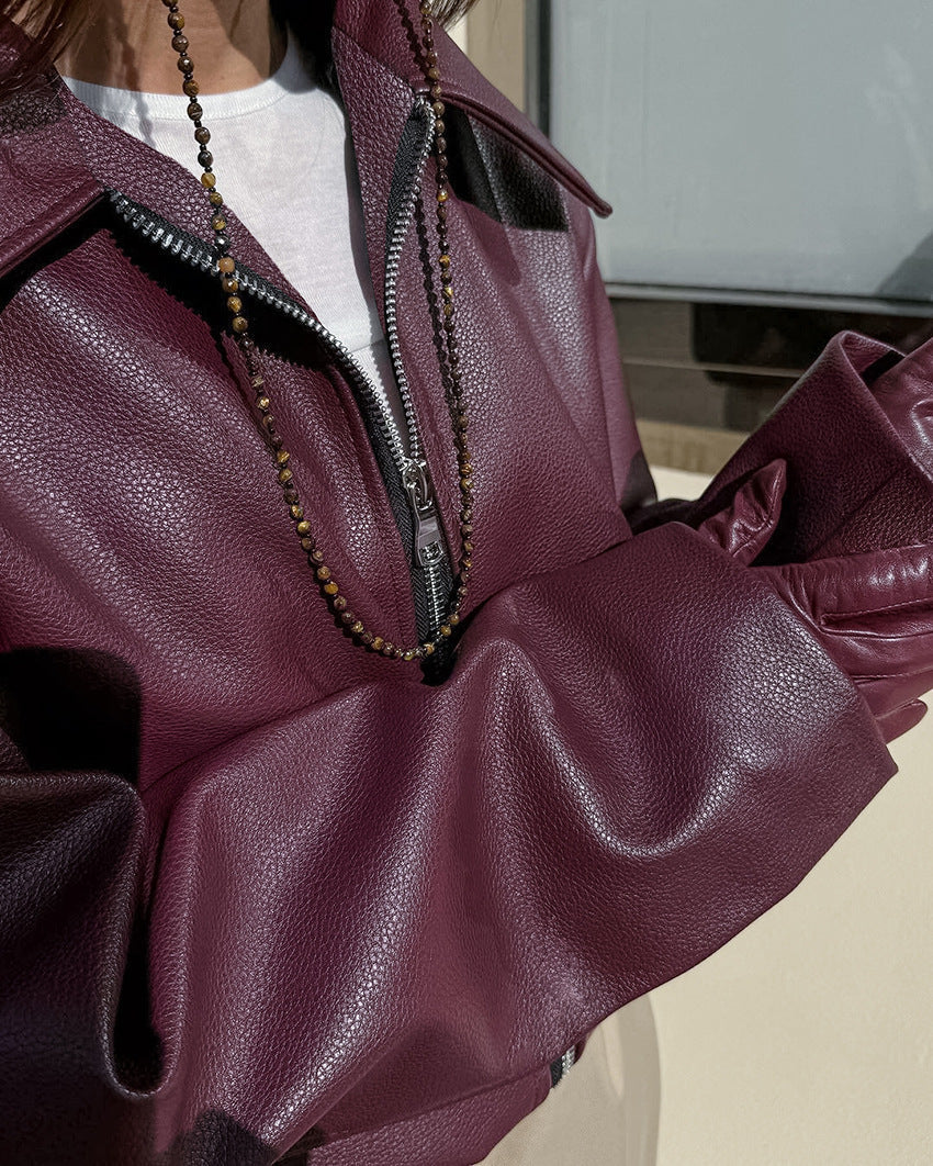 Damen Jacke burgunderrot mit lockerer Passform und Reißverschluss - 5 - Atelier-Zofia