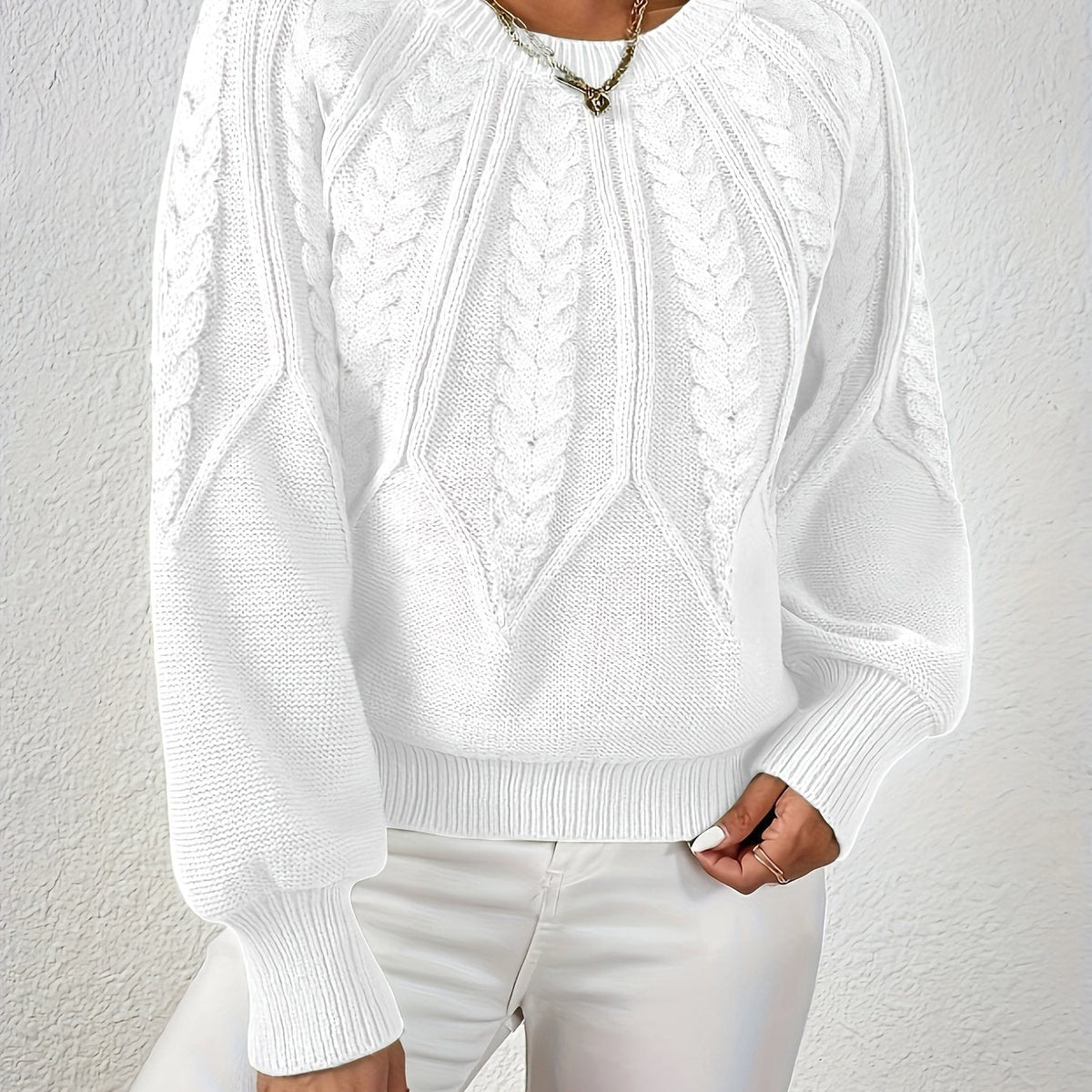 Pullover Damen grün figurbetont mit Zopfmuster und langen Ärmeln - 3 - Atelier-Zofia