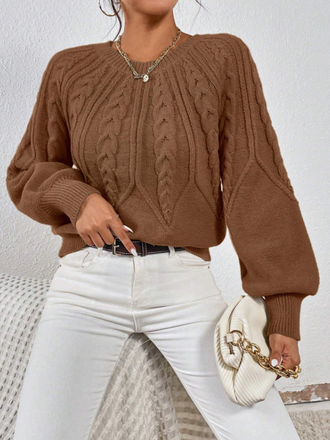 Pullover Damen grün figurbetont mit Zopfmuster und langen Ärmeln - 4 - Atelier-Zofia