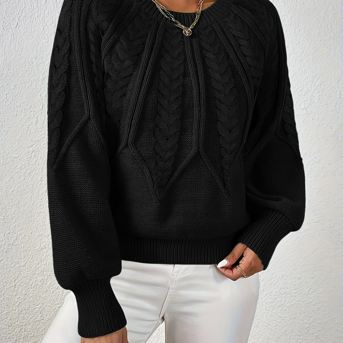 Pullover Damen grün figurbetont mit Zopfmuster und langen Ärmeln - 5 - Atelier-Zofia
