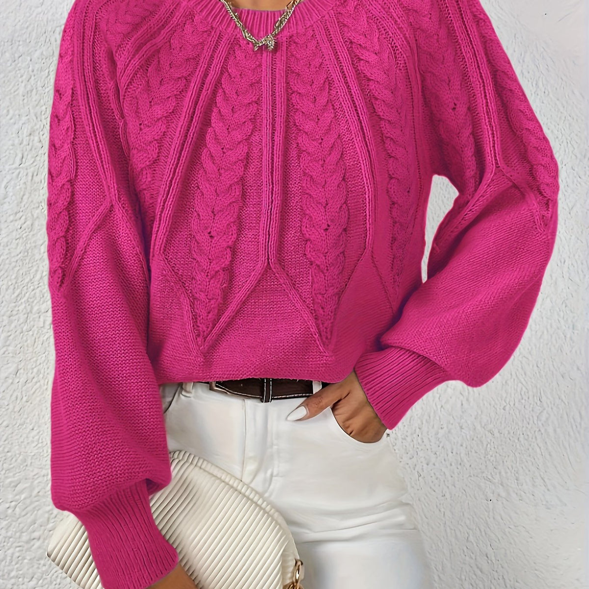 Pullover Damen grün figurbetont mit Zopfmuster und langen Ärmeln - 6 - Atelier-Zofia