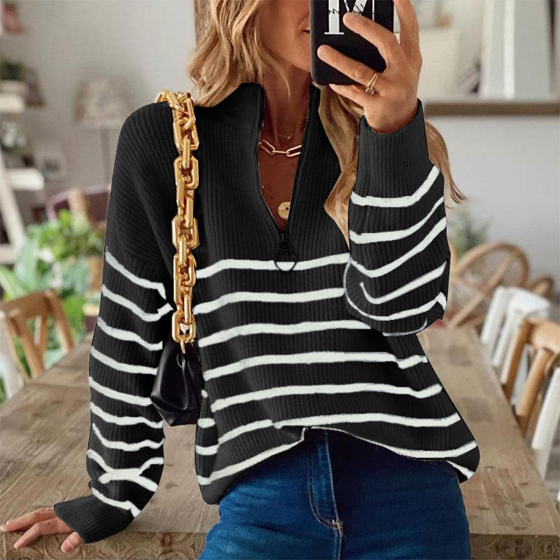 Pullover Damen schwarz gestreift mit Stehkragen und Reißverschluss - 3 - Atelier-Zofia