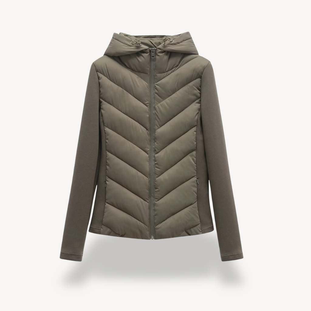 Damenjacke schwarz figurbetont mit Kapuze und Chevron-Design - 2 - Atelier-Zofia