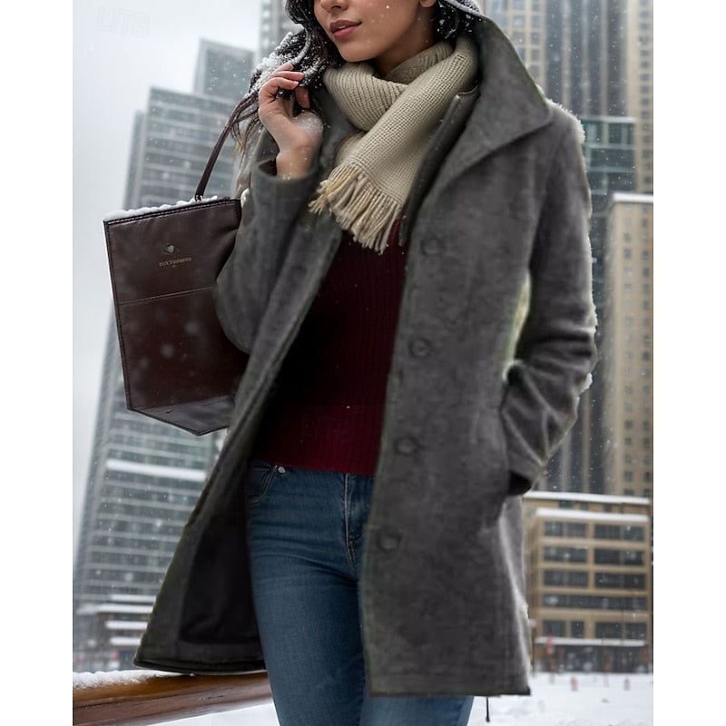 Mantel Damen grau tailliert mit Knopfleiste und Taschen - 3 - Atelier-Zofia