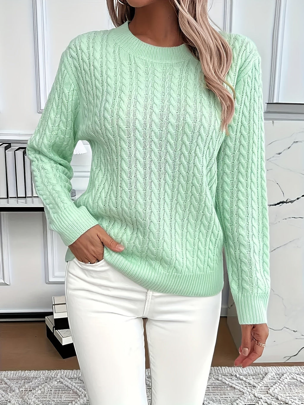 Pullover Damen mintgrün mit Rundhals und Kabelstrickdesign - 2 - Atelier-Zofia