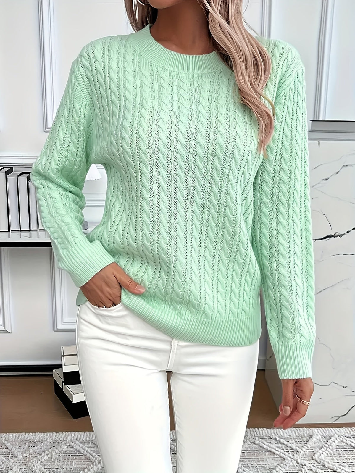 Pullover Damen mintgrün mit Rundhals und Kabelstrickdesign - 2 - Atelier-Zofia