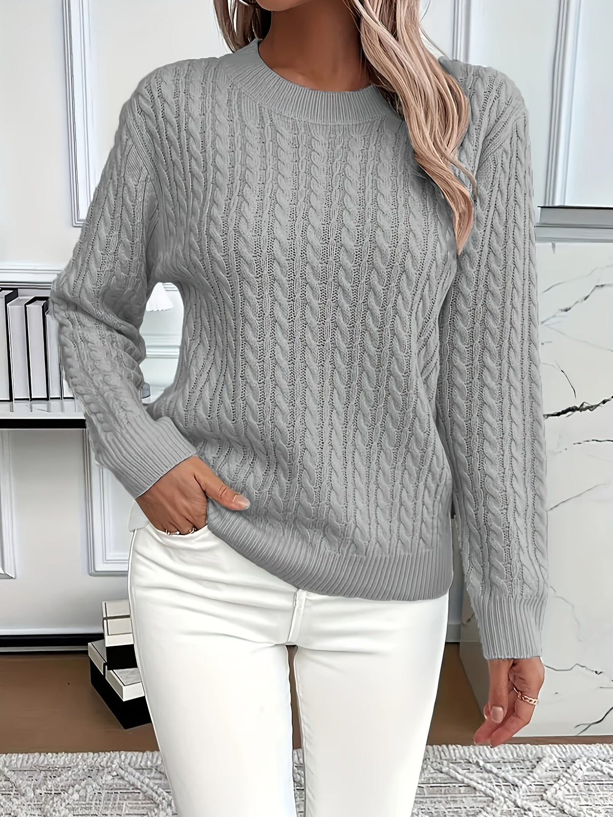 Pullover Damen mintgrün mit Rundhals und Kabelstrickdesign - 3 - Atelier-Zofia
