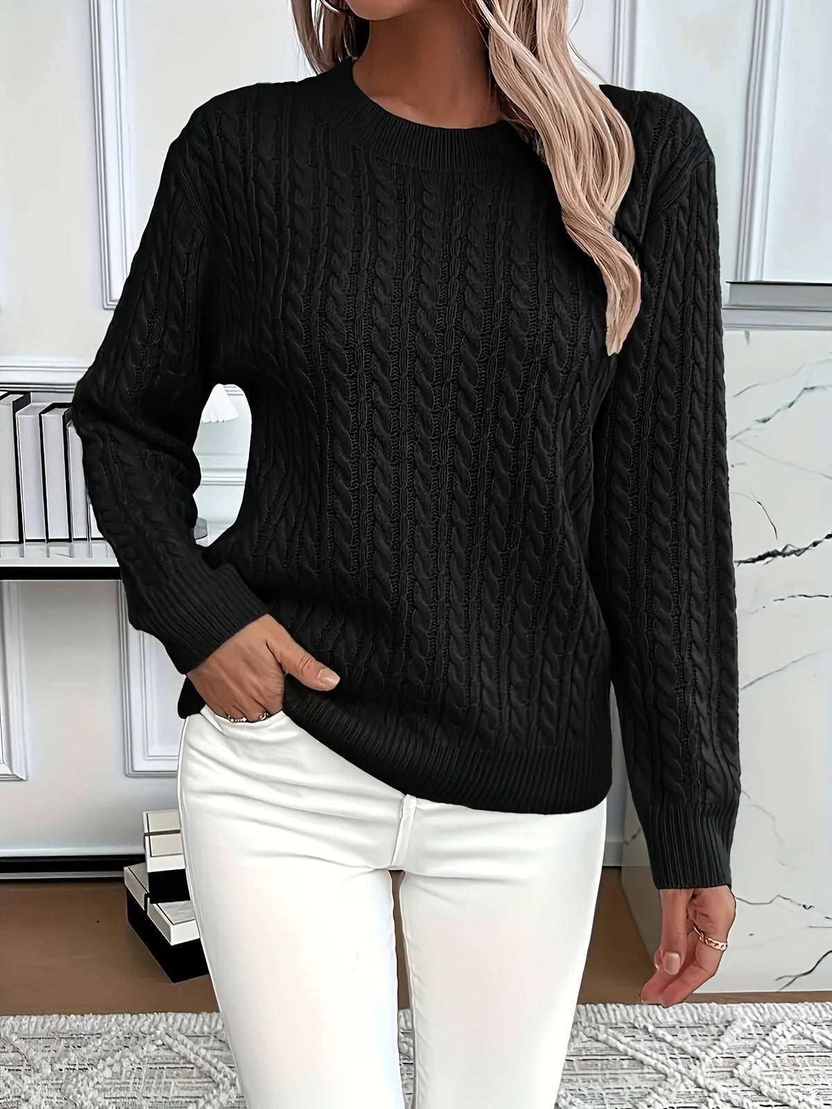 Pullover Damen mintgrün mit Rundhals und Kabelstrickdesign - 4 - Atelier-Zofia