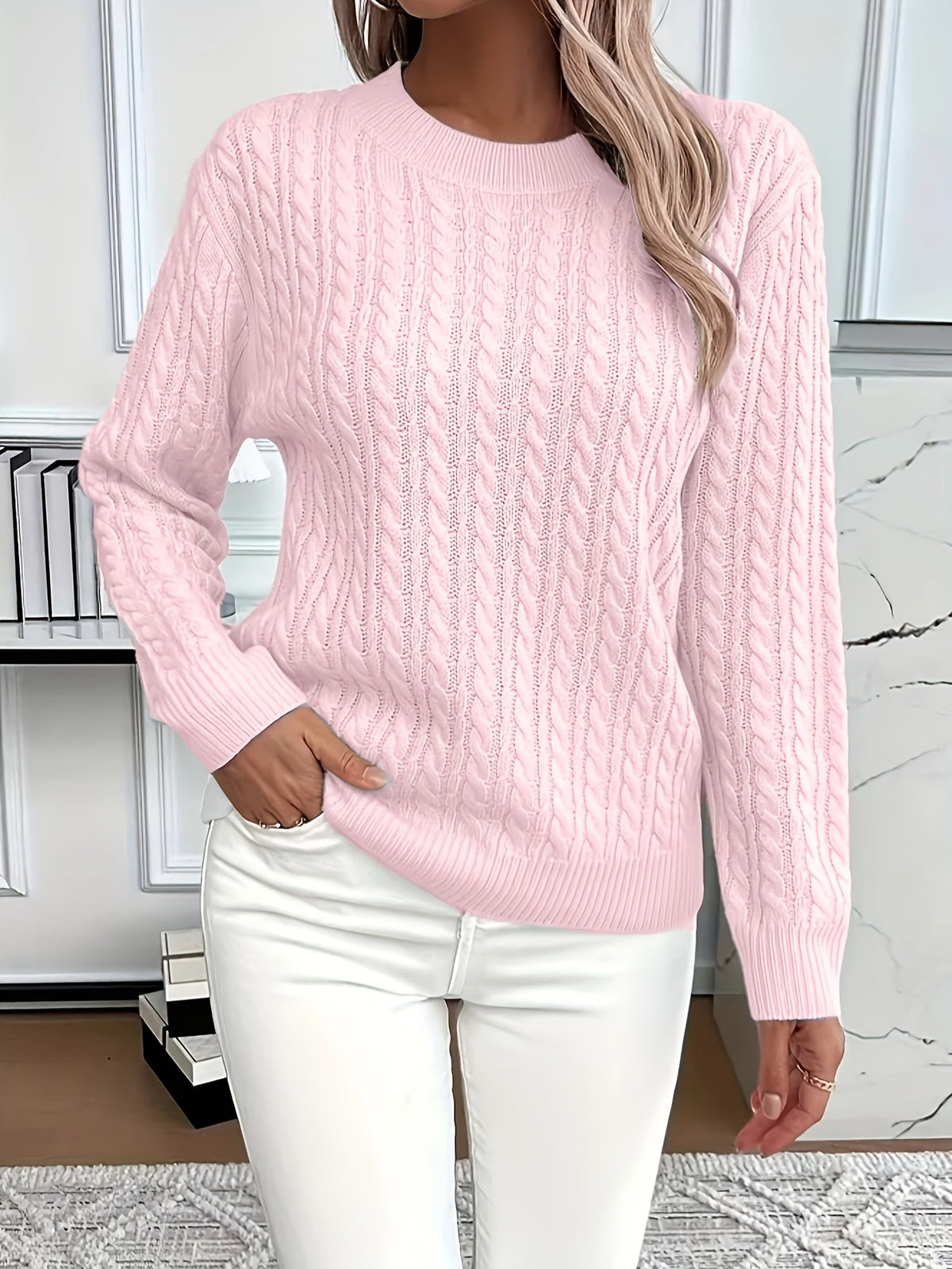 Pullover Damen mintgrün mit Rundhals und Kabelstrickdesign - 5 - Atelier-Zofia