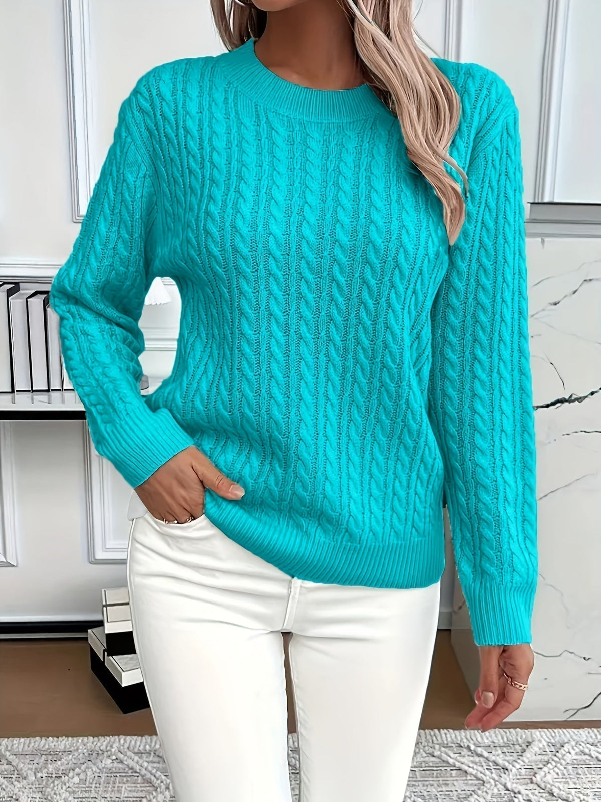 Pullover Damen mintgrün mit Rundhals und Kabelstrickdesign - 6 - Atelier-Zofia