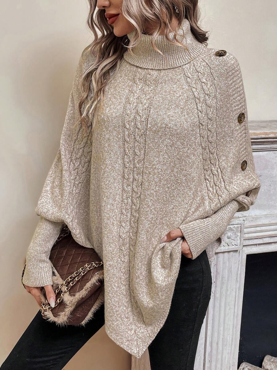 Pullover Damen beige oversized mit Stehkragen und Knopfdetails - 3 - Atelier-Zofia