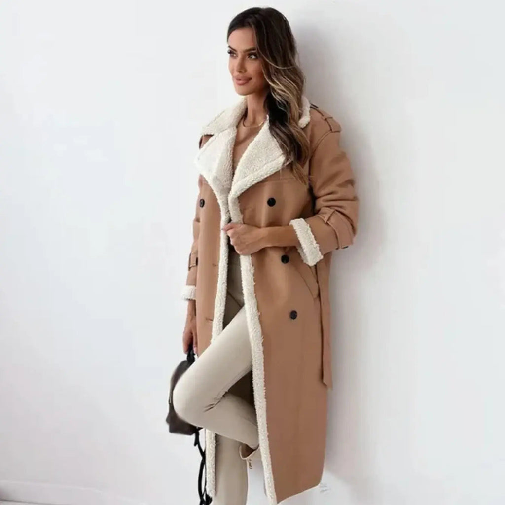 Damen Mantel schwarz tailliert mit Faux-Fur-Kragen - 3 - Atelier-Zofia
