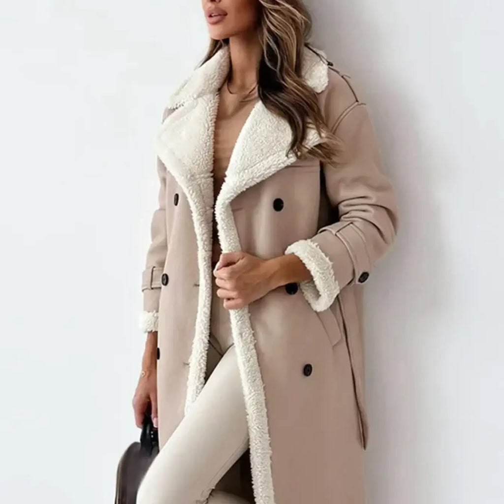 Damen Mantel schwarz tailliert mit Faux-Fur-Kragen - 6 - Atelier-Zofia