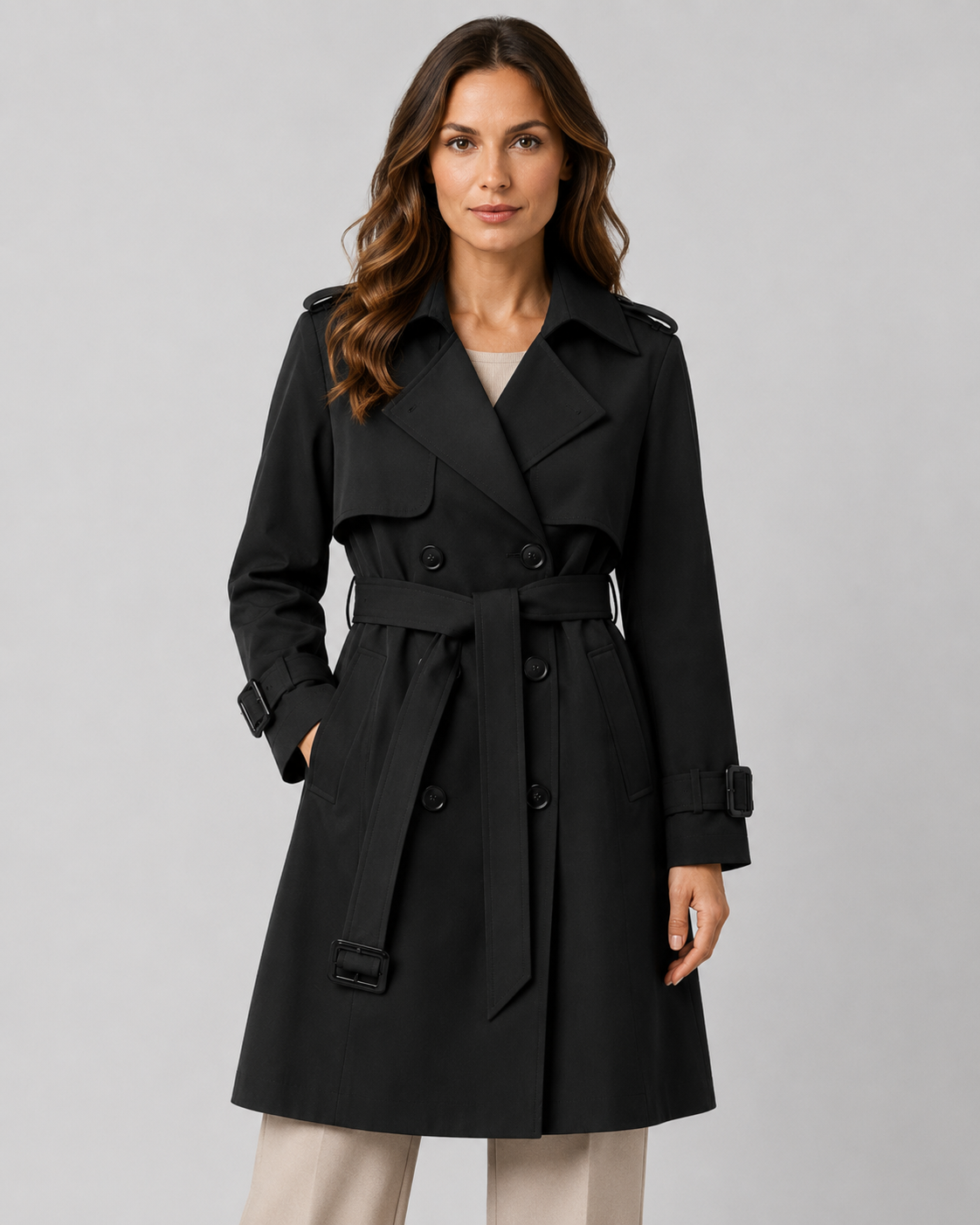 Trench Coat Damen schwarz tailliert mit Gürtel - 1 - Atelier-Zofia