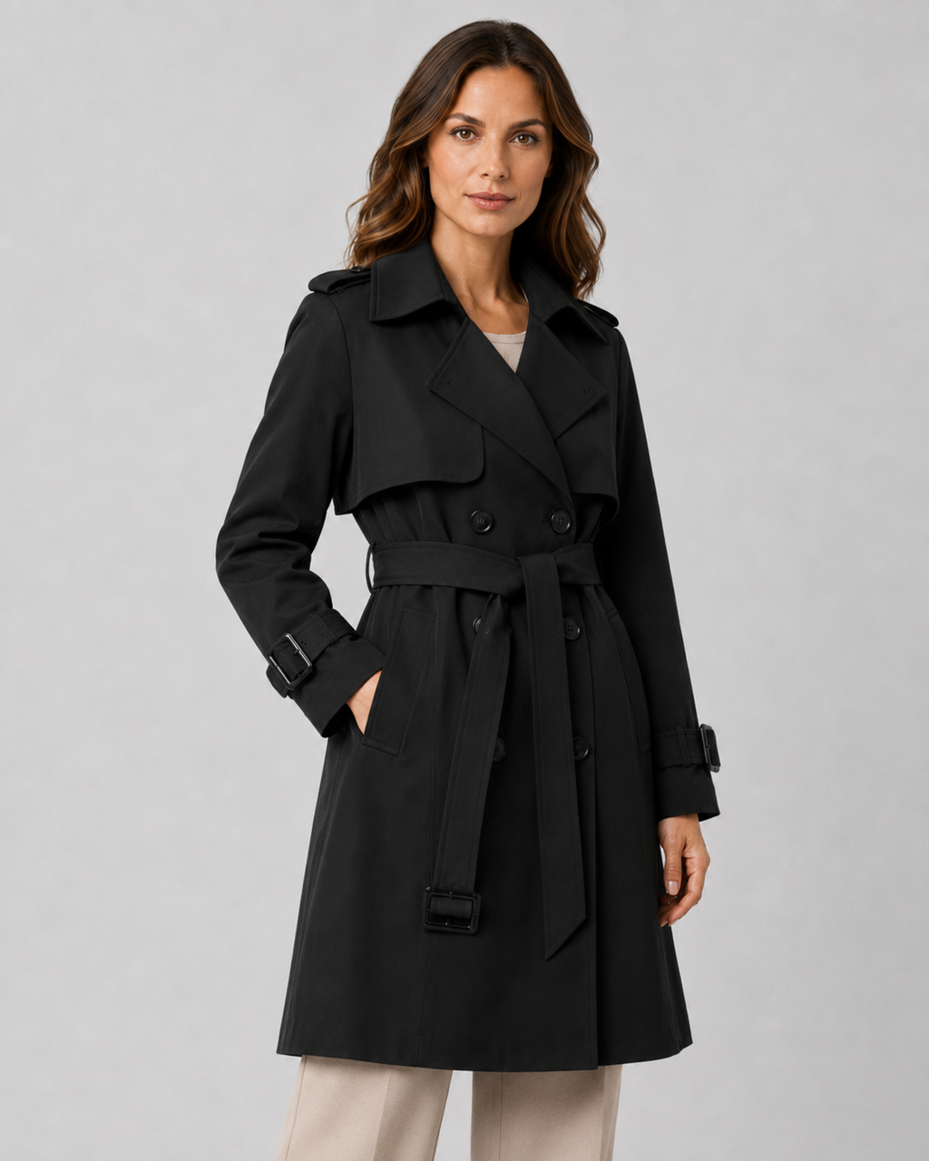 Trench Coat Damen schwarz tailliert mit Gürtel - 2 - Atelier-Zofia
