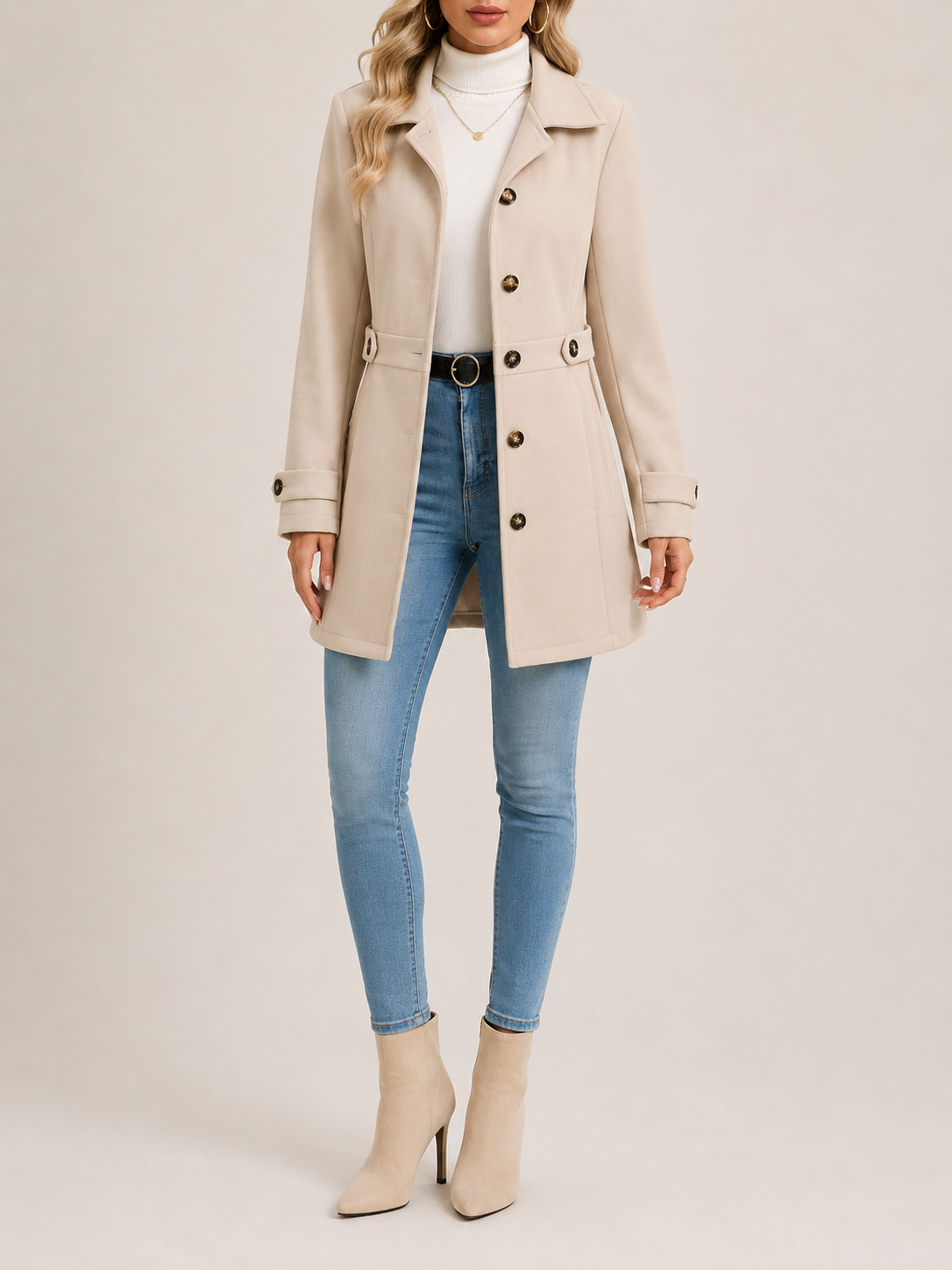 Damen Mantel beige tailliert mit Knopfdetails - 1 - Atelier-Zofia
