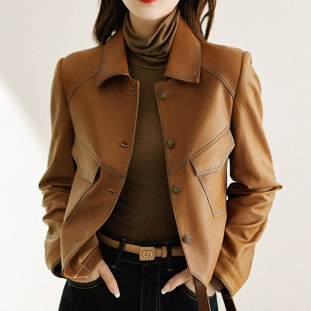 Damen Jacke braun tailliert mit Taschen - 3 - Atelier-Zofia
