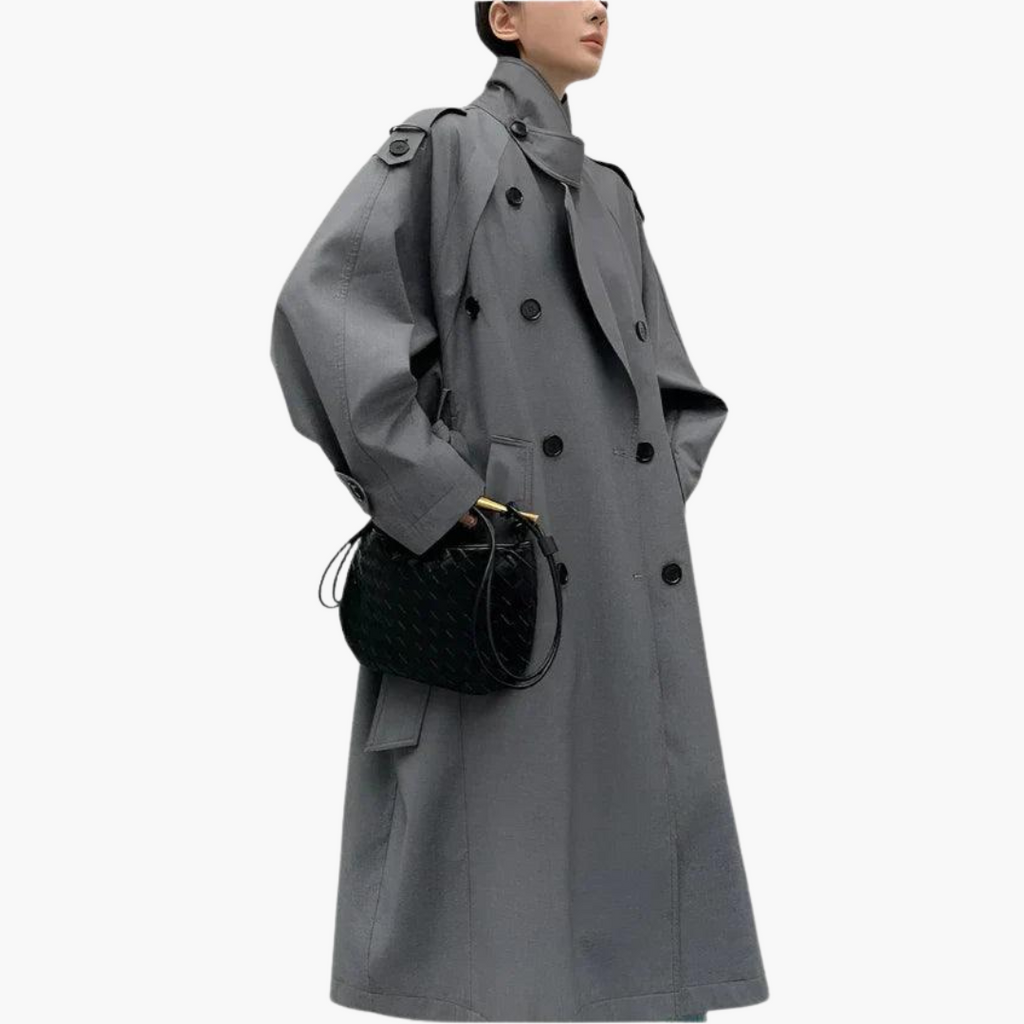 Trench Coat Damen grau tailliert mit breitem Kragen und Gürtel - 3 - Atelier-Zofia