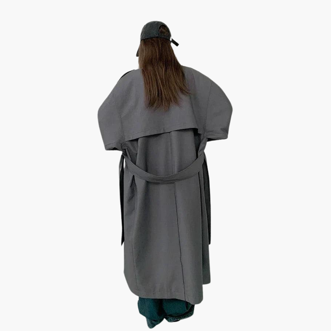Trench Coat Damen grau tailliert mit breitem Kragen und Gürtel - 4 - Atelier-Zofia