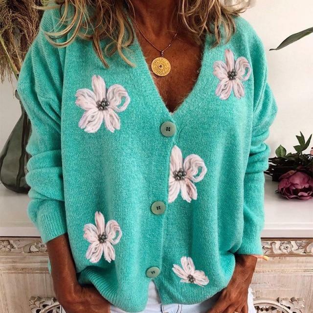 Cardigan Damen orange figurbetont mit V-Ausschnitt und Blumenmuster - 1 - Atelier-Zofia