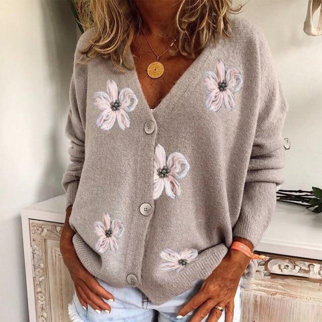 Cardigan Damen orange figurbetont mit V-Ausschnitt und Blumenmuster - 3 - Atelier-Zofia