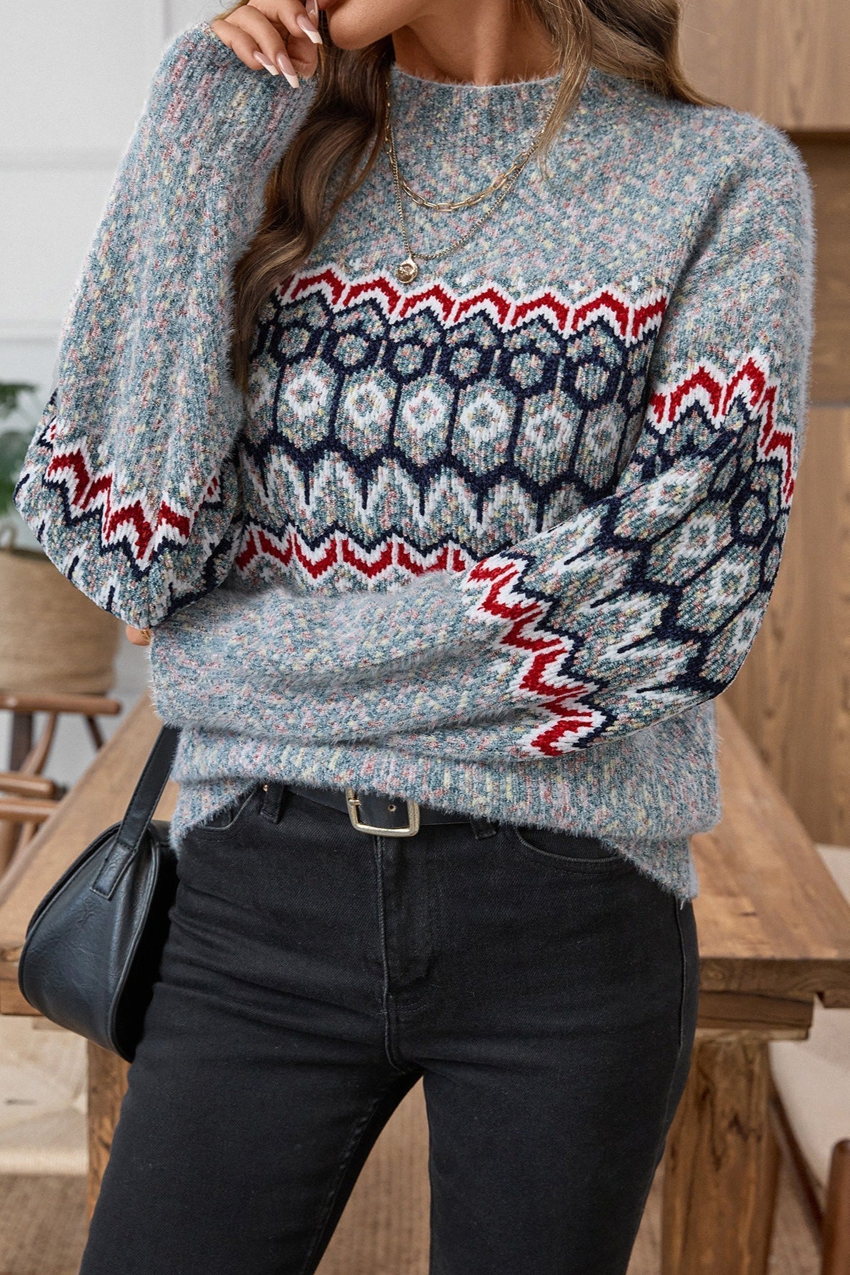 Pullover Damen grau mit farbigem Muster und hohem Kragen - 5 - Atelier-Zofia