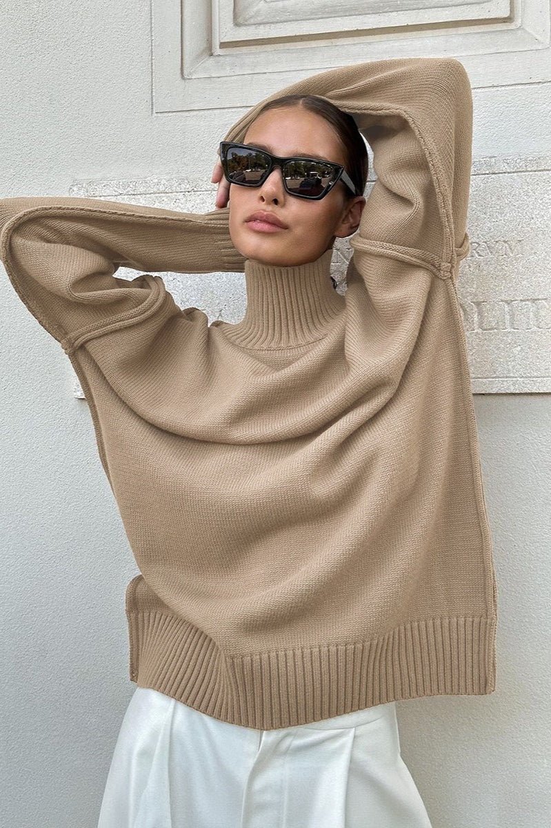 Pullover Damen grau lässig mit Stehkragen und lockerer Passform - 3 - Atelier-Zofia