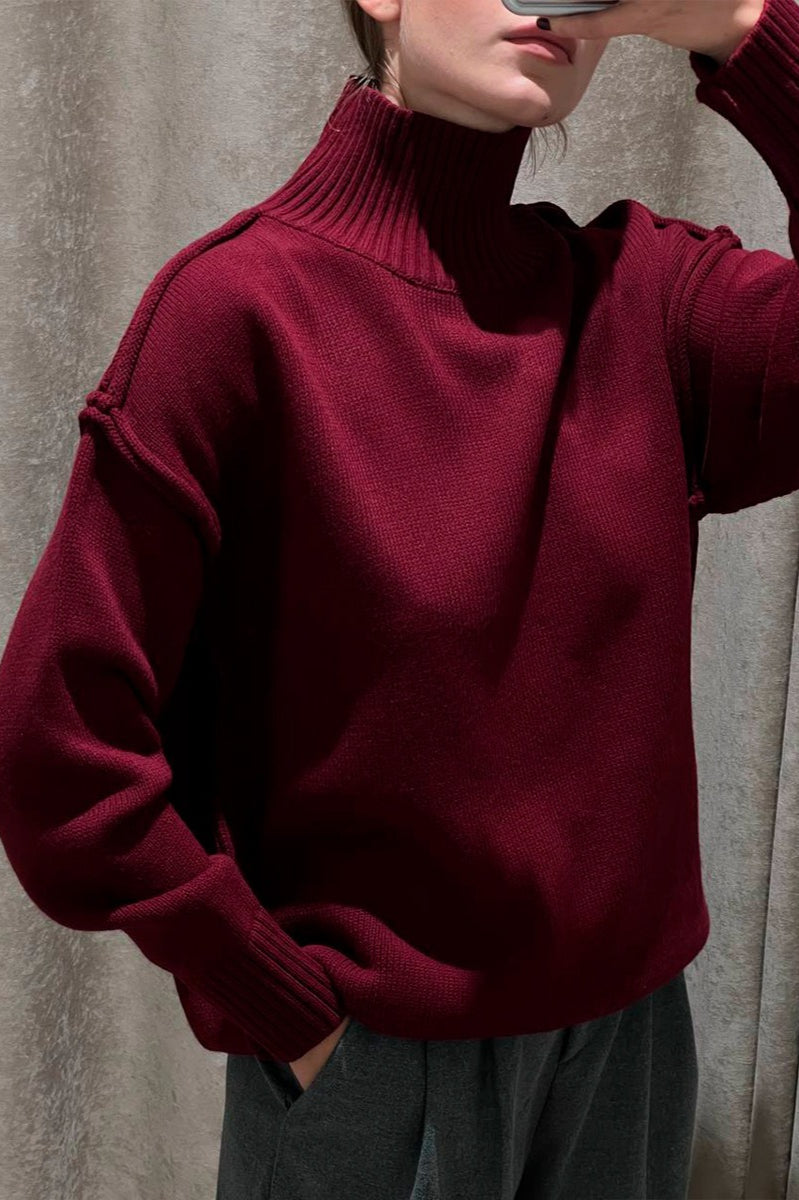 Pullover Damen grau lässig mit Stehkragen und lockerer Passform - 11 - Atelier-Zofia