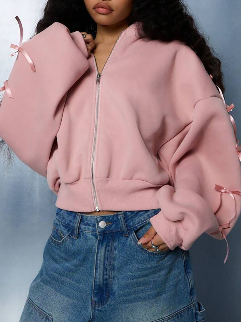 Hoodie Damen rosa mit Kapuze und Rüschenärmeln - 1 - Atelier-Zofia