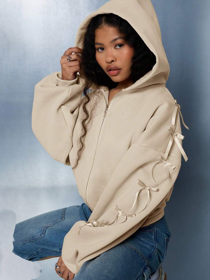 Hoodie Damen rosa mit Kapuze und Rüschenärmeln - 3 - Atelier-Zofia