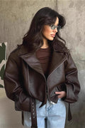 Bikerjacke Damen braun oversized mit Gürtel - 1 - Atelier-Zofia