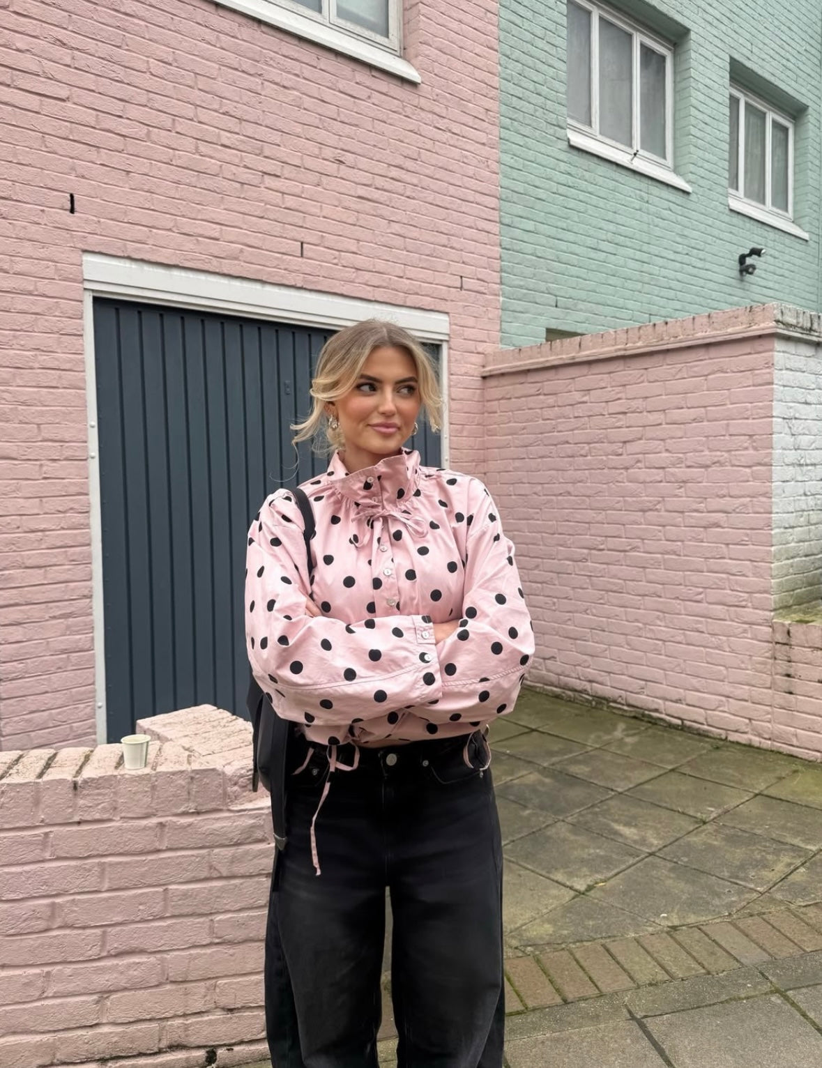 Bluse Damen gelb tailliert mit Punkten und hohem Kragen - 6 - Atelier-Zofia