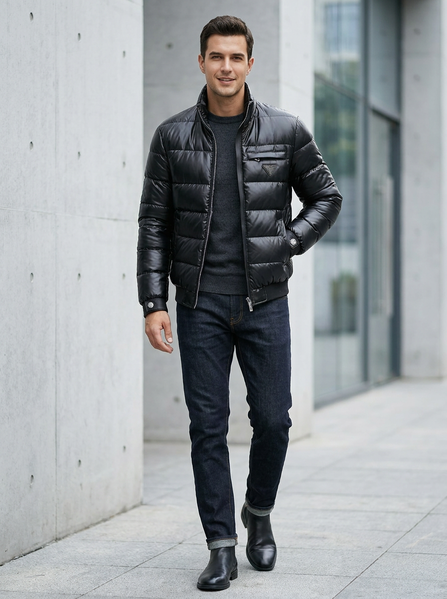 Herrenjacke schwarz tailliert mit Stehkragen und praktischen Taschen - 1 - Atelier-Zofia