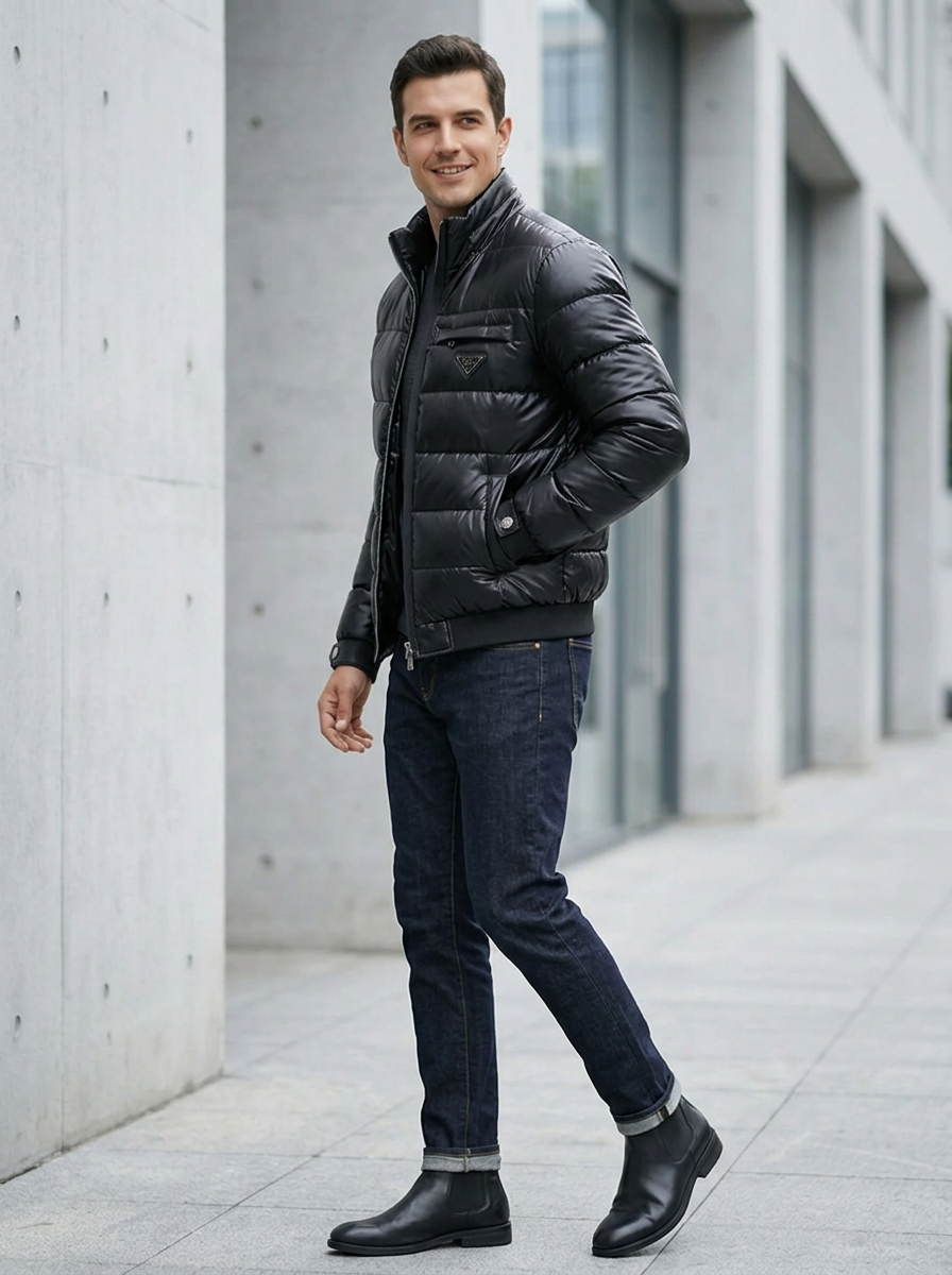 Herrenjacke schwarz tailliert mit Stehkragen und praktischen Taschen - 2 - Atelier-Zofia
