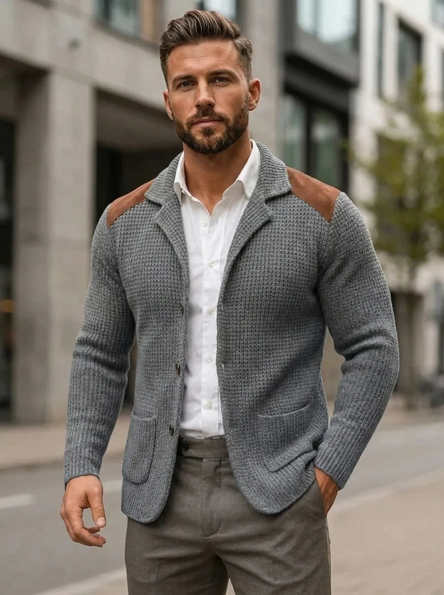Blazer Herren grau tailliert mit Lederakzenten - 1 - Atelier-Zofia