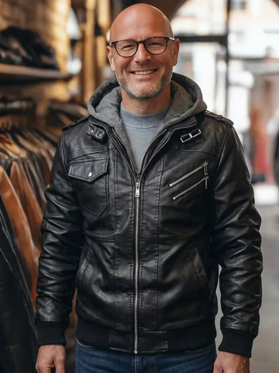 Lederjacke Herren schwarz mit Kapuze und praktischen Taschen - 1 - Atelier-Zofia