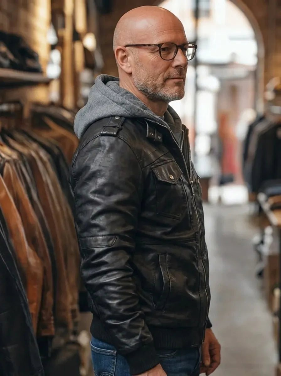 Lederjacke Herren schwarz mit Kapuze und praktischen Taschen - 2 - Atelier-Zofia